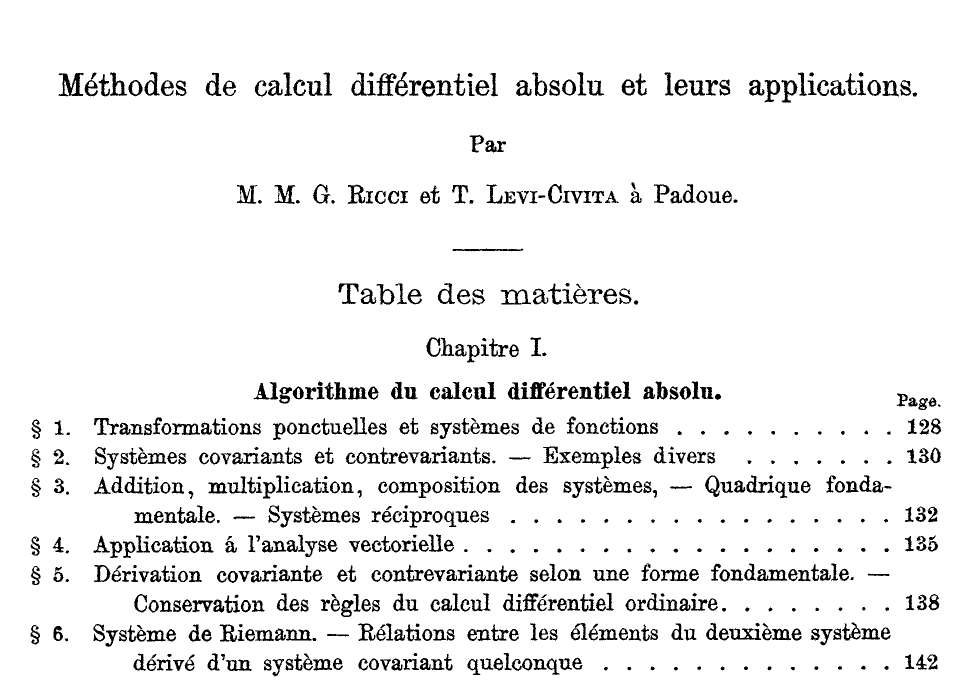 리치와 레비-치비타의 1900년 논문 「절대 미분학의 방법과 그 응용(Méthodes de calcul différentiel absolu et leurs applications)」 첫 쪽. 제1장 차례에 공변·반변 체계, 공변 미분, 「리만 체계」가 보인다. 출처: Mathematische Annalen 54권(1900) 125쪽, Zenodo 기록 1428270의 스캔(CC0), 원문은 퍼블릭 도메인