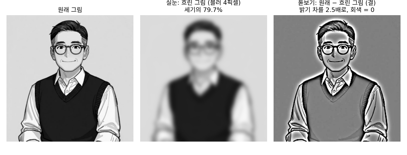 선생님 그림(256 × 256 흑백)을 폭 4픽셀 블러로 흐린 그림(실눈)과, 원래 그림에서 흐린 그림을 뺀 결 그림(돋보기). 결 그림은 밝기 차를 2.5배로 키워 회색(0) 위에 그렸다. (sources/spectrum/figs.py)