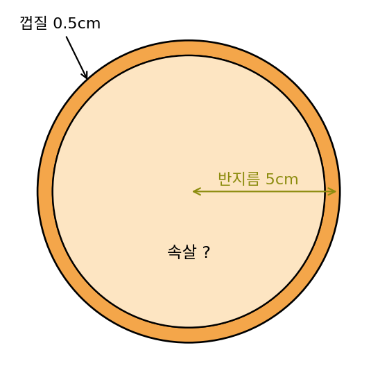 지름 10cm 오렌지의 단면과 두께 0.5cm인 껍질
