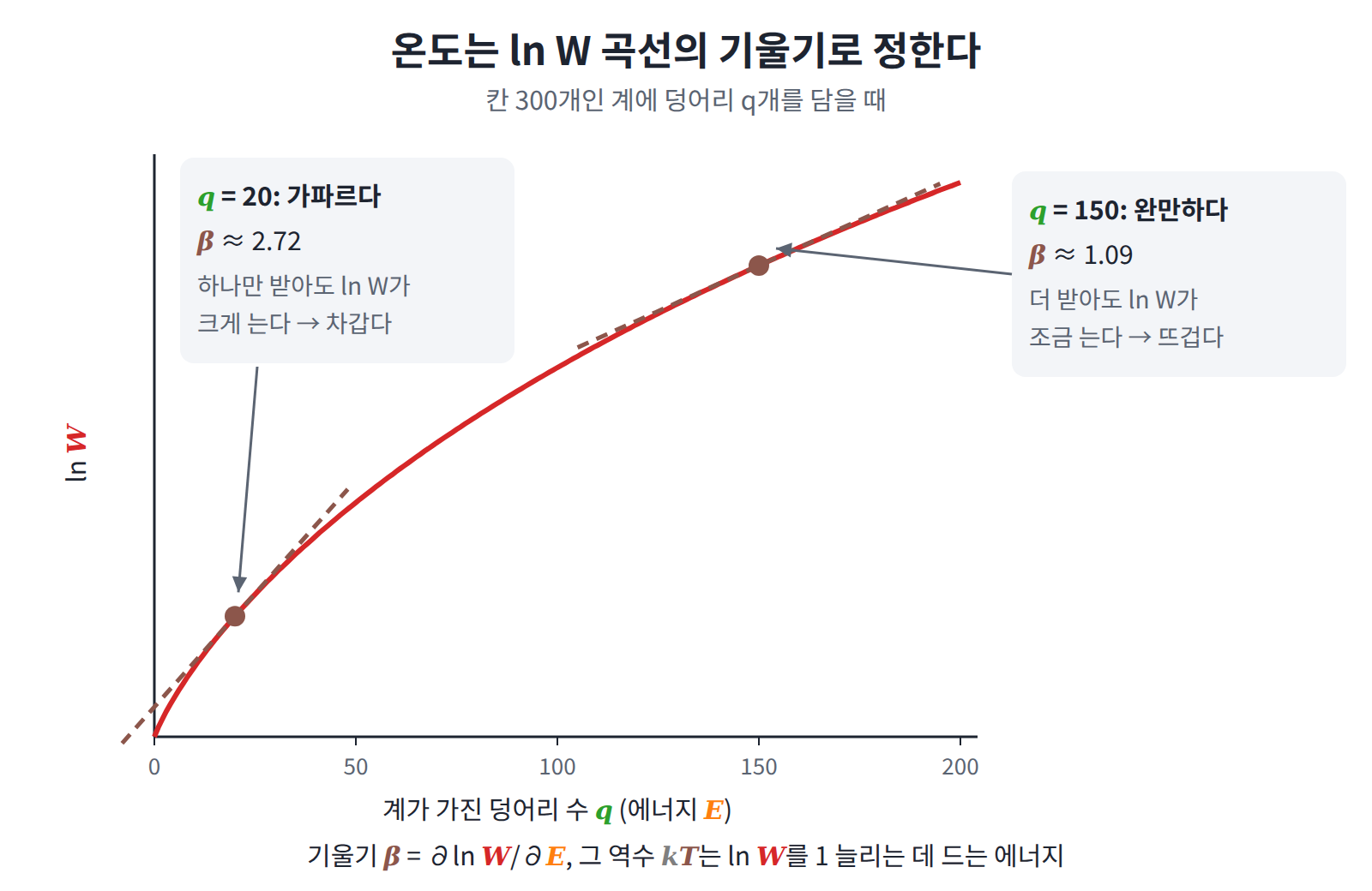 칸 300개인 계의 ln W 곡선. 점선으로 그린 접선의 기울기가 β이고, 기울기가 가파를수록(β가 클수록) 차갑다.
