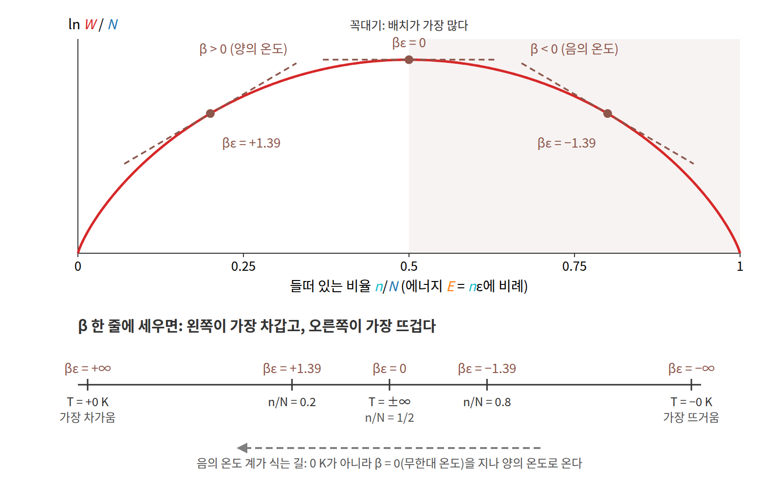 2준위계의 ln W 언덕과 β의 순서. 왼쪽 비탈(n/N = 0.2)에서 βε = +1.39, 꼭대기에서 0, 오른쪽 비탈(n/N = 0.8)에서 −1.39이고, β로 줄을 세우면 +∞(가장 차가움)에서 −∞(가장 뜨거움)까지 한 줄로 이어진다.