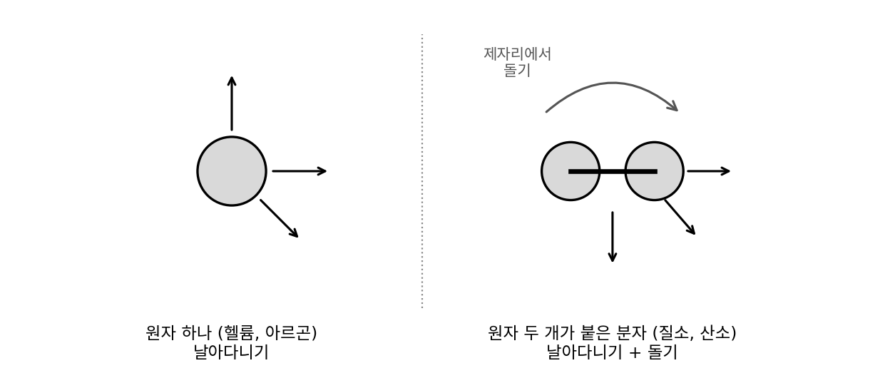 원자 하나짜리 기체의 원자는 날아다니기만 하고, 원자 두 개가 붙은 분자는 날아다니면서 제자리에서 돌 수도 있다