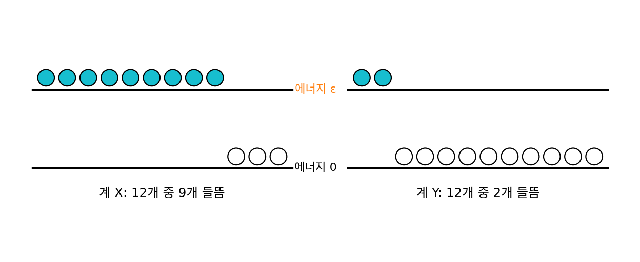 입자 12개짜리 2준위계 X(12개 중 9개 들뜸)와 Y(12개 중 2개 들뜸)