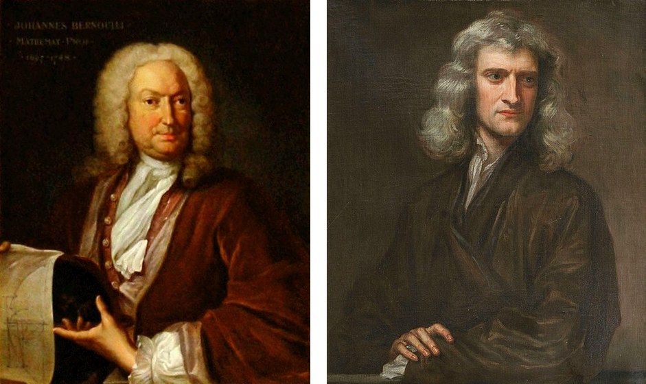 요한 베르누이(1667–1748, 왼쪽)와 아이작 뉴턴(1643–1727, 오른쪽). 왼쪽은 요한 루돌프 후버의 그림(1740년경), 오른쪽은 고드프리 넬러의 그림(1689). 출처: Wikimedia Commons, 퍼블릭 도메인