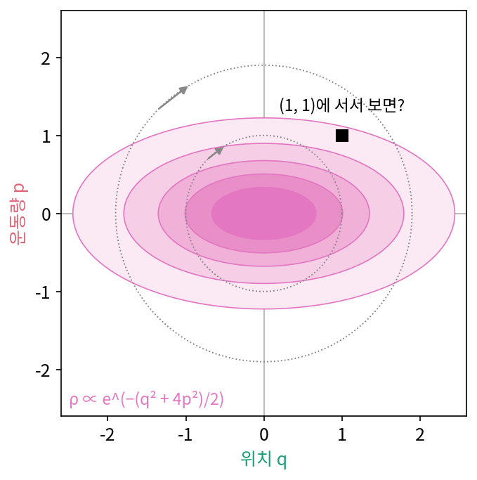 그네의 위상공간에 뿌린 밀도 ρ ∝ e^(−(q² + 4p²)/2)의 등고선, 그네의 흐름 방향(회색 점선), 서서 보는 점 (1, 1)