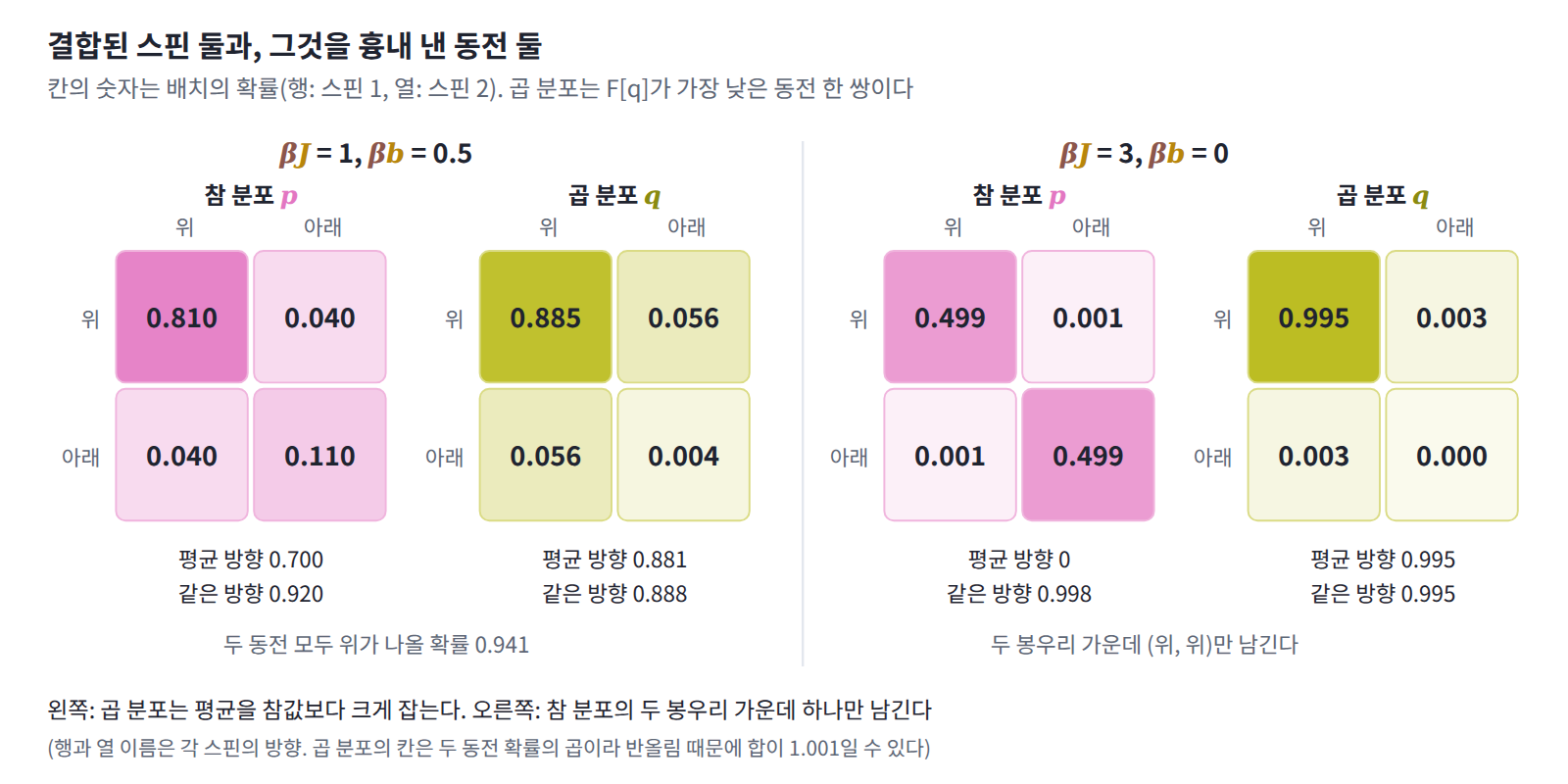 결합된 스핀 둘(참 분포)과 그것을 흉내 낸 동전 둘(Fq가 가장 낮은 곱 분포)의 네 배치 확률. βJ = 1, βb = 0.5(왼쪽)에서 곱 분포는 평균 방향을 0.700 대신 0.881로 잡고, βJ = 3, βb = 0(오른쪽)에서는 참 분포가 0.499씩 나눠 가진 두 봉우리 가운데 (위, 위)에 0.995를 싣는다.