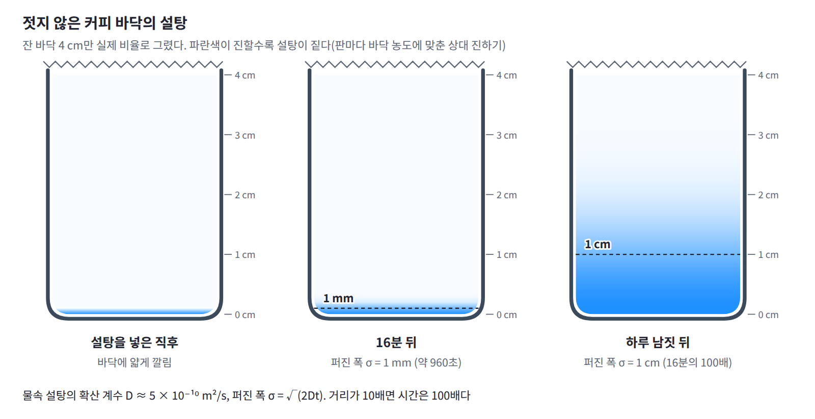 젓지 않은 커피 바닥의 설탕(D ≈ 5 × 10⁻¹⁰ m²/s). 한 축 방향으로 퍼진 폭 σ = √(2Dt)는 약 960초(16분)에 1 mm, 그 100배인 하루 남짓에 1 cm가 된다. 잔 바닥 4 cm를 실제 비율로 그렸다.