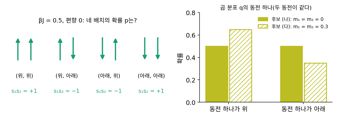 편향 0, βJ = 0.5인 두 스핀의 네 배치(왼쪽)와 두 곱 분포 후보에서 동전 하나가 위·아래로 나올 확률(오른쪽, m = 0과 m = 0.3)