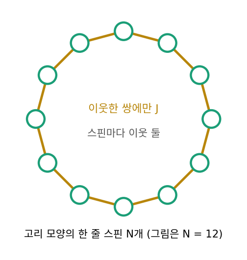 고리 모양으로 늘어서 바로 이웃한 쌍에만 결합 J가 있는 스핀(그림은 N = 12)