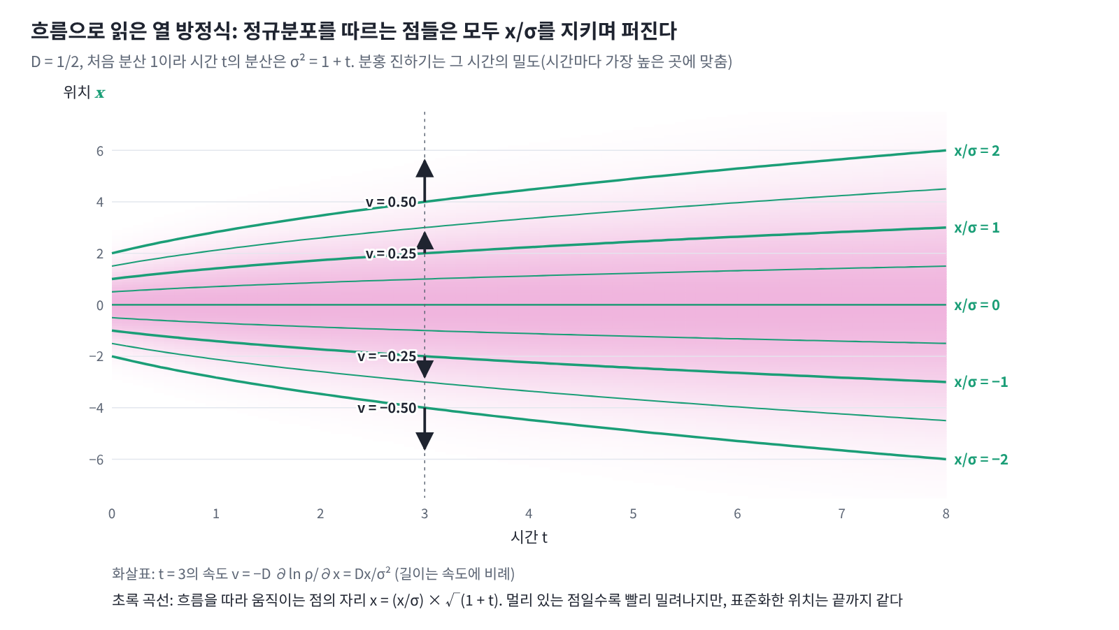 흐름으로 읽은 열 방정식(D = 1/2, 처음 분산 1이라 σ² = 1 + t). 점마다 속도 v = Dx/σ²로 바깥으로 밀려나 먼 점일수록 빠르지만, x/σ는 끝까지 같아 정규분포를 따르는 점들은 모양을 지킨 채 넓게 퍼진다.