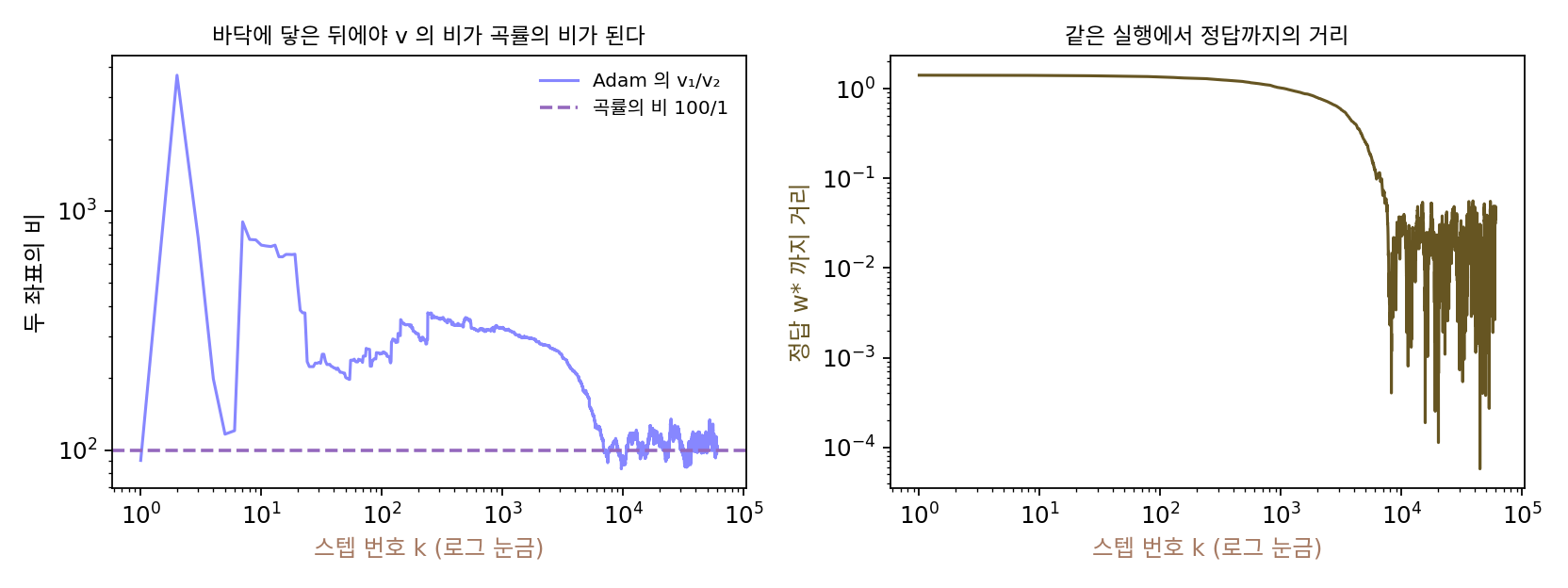 왼쪽: 같은 Adam 실행에서 두 좌표의 v 의 비(로그 눈금). 손실의 바닥에서 먼 동안에는 곡률의 비 100(보라 점선)보다 훨씬 크고, 바닥에 닿은 1만 스텝 뒤부터 100 둘레에 머문다. 오른쪽: 같은 실행에서 정답 w* 까지의 거리(sources/adaptive/s6_fisher.py, figs.py)