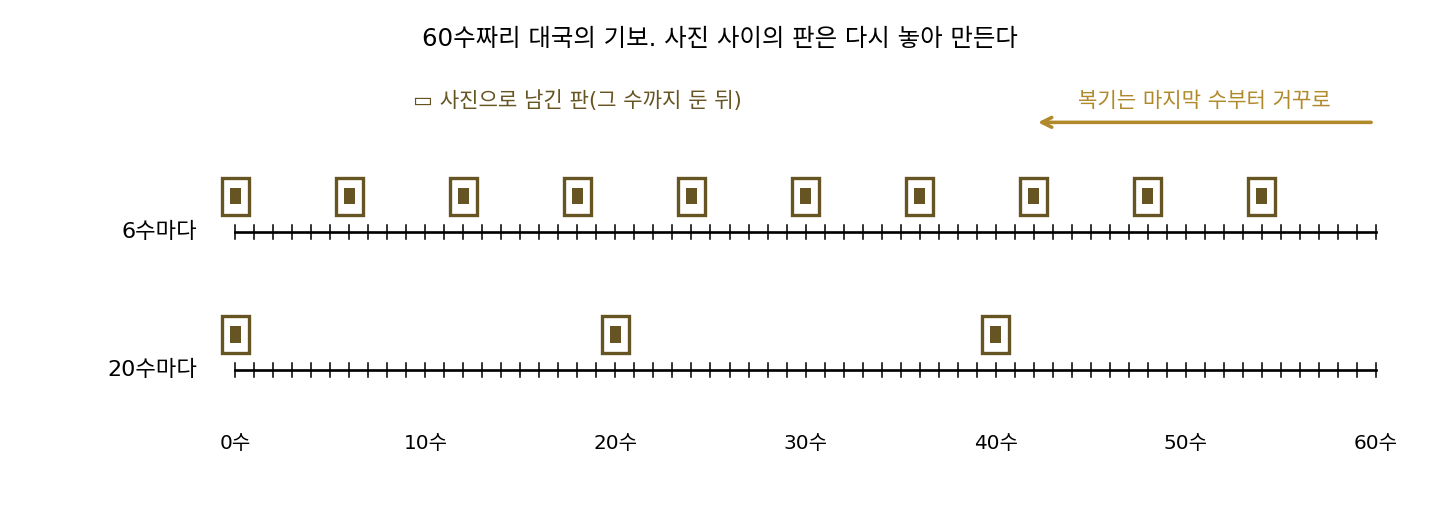 60수짜리 기보 위에 6수마다, 20수마다 사진으로 남긴 판의 자리와 마지막 수부터 거꾸로 가는 복기 방향(sources/backprop/problems_figs.py)