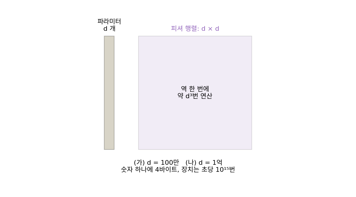 파라미터 d개와 d × d 피셔 행렬, 역을 구하는 데 드는 연산 약 d³번