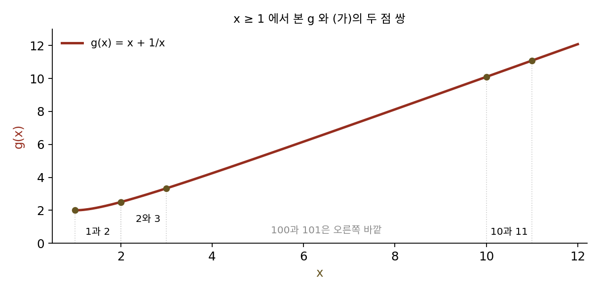 x ≥ 1에서 본 g(x) = x + 1/x와 (가)에서 물은 두 점 쌍
