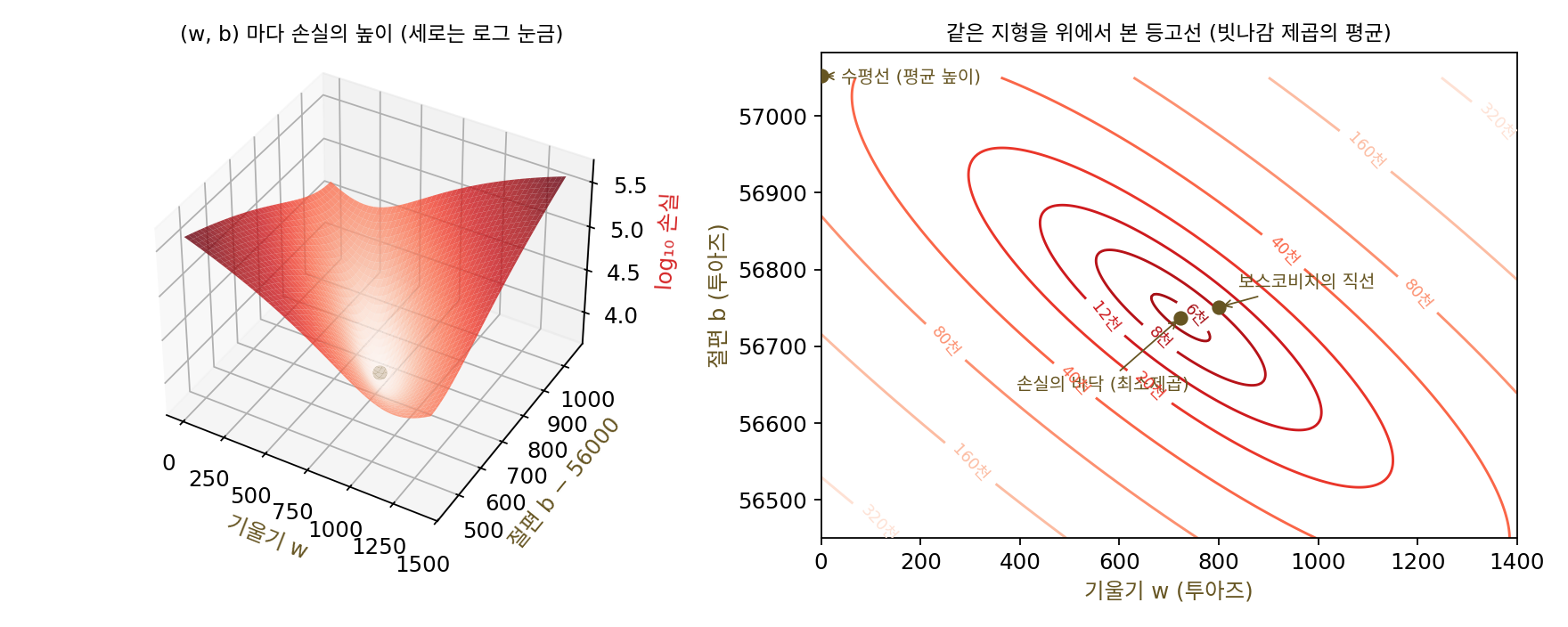 보스코비치의 다섯 점에 직선을 맞출 때의 손실 지형. 왼쪽: (w, b)마다 손실을 높이로 세운 땅(높이는 로그 눈금). 오른쪽: 같은 땅을 위에서 본 등고선(숫자는 손실, 천 단위). 손실이 가장 작은 자리는 길쭉하고 비스듬한 골짜기 한가운데에 있다(sources/loss-landscape/s2_landscape.py)