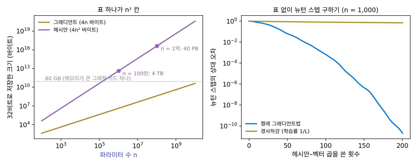 왼쪽: 파라미터 수에 따른 헤시안과 그래디언트의 저장 크기(32비트, 두 축 모두 로그 눈금). 그래디언트는 n에, 헤시안은 n²에 비례한다. 오른쪽: 파라미터 1,000개, 조건수 1,000인 2차 함수에서 뉴턴 스텝을 구할 때, 헤시안–벡터 곱을 쓴 횟수에 따른 상대 오차. 켤레 그래디언트법(파랑)과 같은 수의 곱을 쓰는 경사하강(갈색)(sources/newton/s6_hvp.py)