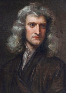 아이작 뉴턴(1642–1727). 고드프리 넬러가 1689년에 그린 초상을 뒤에 다른 화가(제임스 손힐로 기록됨)가 옮겨 그린 사본. 출처: Wikimedia Commons, 퍼블릭 도메인