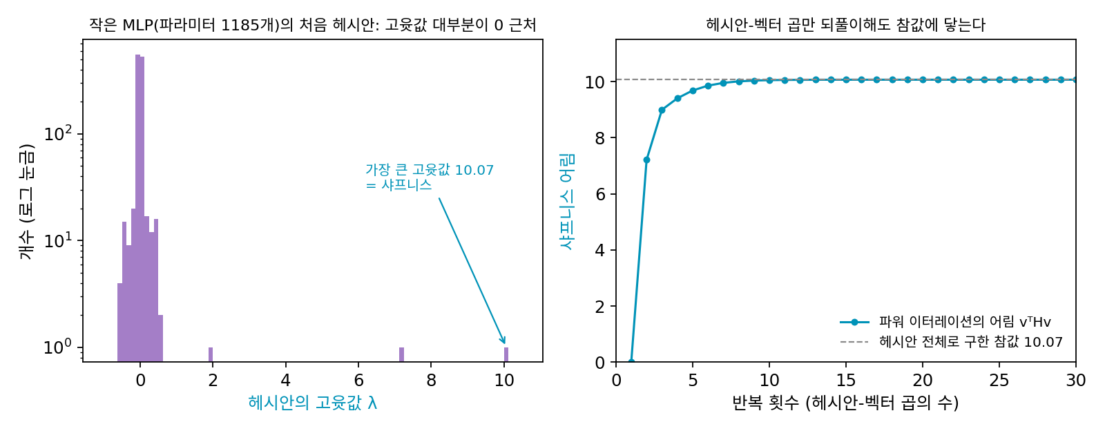 왼쪽: 작은 신경망(파라미터 1185개)의 처음 헤시안의 고윳값 분포(세로축 로그 눈금). 거의 모두 0 근처에 몰려 있고 1보다 큰 것은 셋이다. 오른쪽: 무작위 방향에서 출발한 파워 이터레이션의 어림. 헤시안 전체로 구한 참값 10.07에 여덟째 반복부터 1% 안으로 든다(sources/sharpness/s1_sharpness.py)