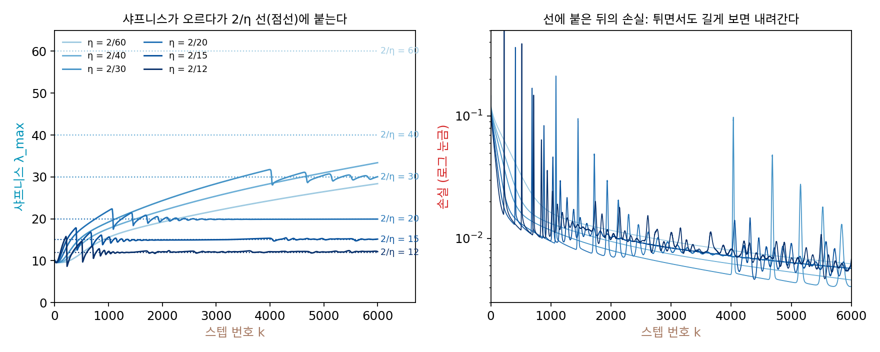 같은 신경망을 학습률 여섯 가지로 6000스텝 학습한 기록. 왼쪽: 샤프니스가 오르다가 각자의 2/η(점선)에 닿으면 그 선에 붙는다. 오른쪽: 손실(로그 눈금). 선에 붙은 뒤에는 튀면서도 길게 보면 내려간다(sources/sharpness/s2_eos.py)