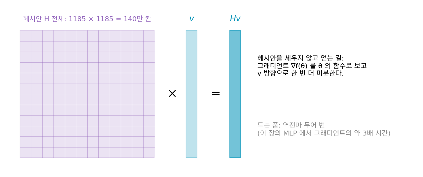 헤시안 전체를 세우는 길과 헤시안-벡터 곱 하나만 얻는 길. 이 장의 작은 신경망(파라미터 1185개)이라도 헤시안은 140만 칸이고, 곱 Hv는 1185칸이다. 펄머터(1994)의 착상을 이 책에서 그림으로 옮겼다(sources/sharpness/figs.py)