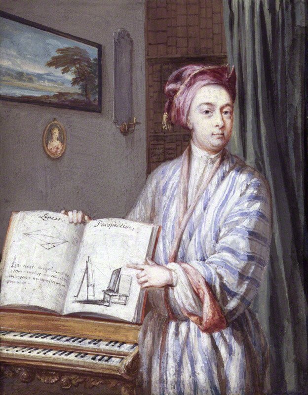 브룩 테일러(1685–1731). 1720년에 그린 손바닥만 한 세밀화로, 자기 책 『선 원근법(Linear Perspective)』을 펼쳐 들고 있다. 루이 구피(Louis Goupy)의 그림으로 여겨지지만 그의 조카 조지프 구피의 그림이라는 견해도 있다. 출처: Wikimedia Commons(런던 국립초상화미술관 NPG 1920), 퍼블릭 도메인