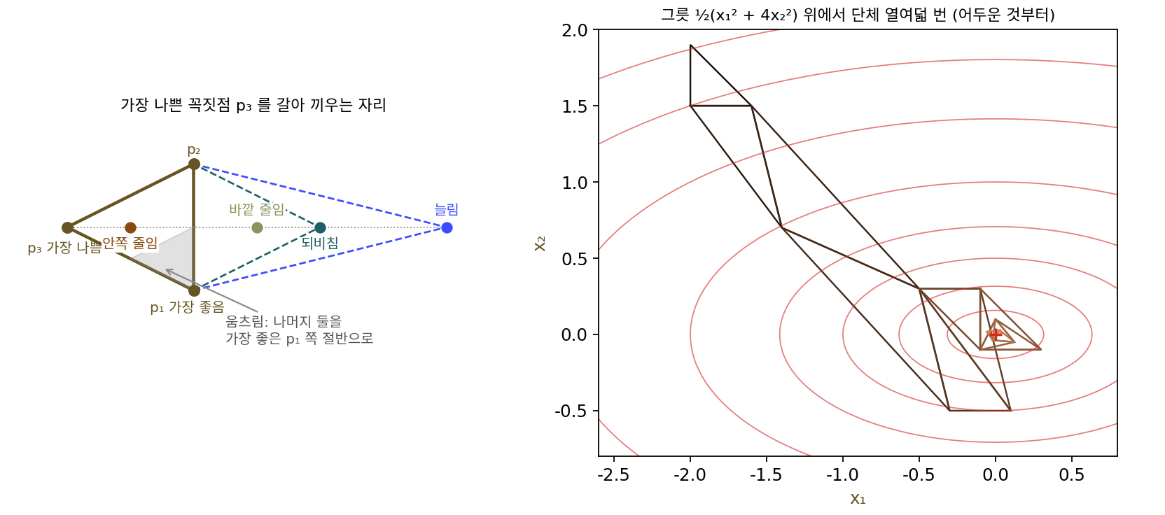 넬더–미드 방법. 왼쪽: 변수가 둘일 때 단체(삼각형)에서 가장 나쁜 꼭짓점 p₃ 를 갈아 끼우는 네 자리(되비침, 늘림, 바깥 줄임, 안쪽 줄임)와, 어느 것도 낫지 않을 때 나머지 두 꼭짓점을 가장 좋은 점 쪽으로 당기는 움츠림. 오른쪽: 그릇 ½(x₁² + 4x₂²) 위에서 단체가 열여덟 번 바뀌는 모습(처음 단체까지 열아홉 개). 처음에는 길게 늘어나며 내려가고 바닥에서 오그라든다(sources/zeroth-order/figs.py)