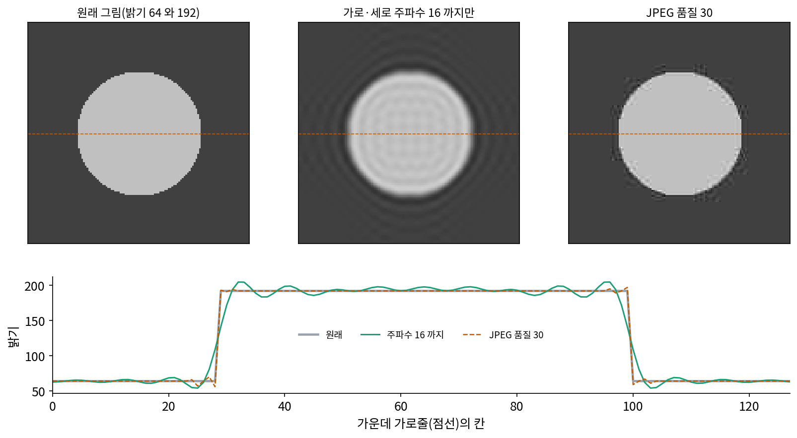 왼쪽: 밝기 64 바탕 위에 밝기 192 원판. 가운데: 가로·세로 주파수 16 까지만 남긴 것. 테두리 둘레로 밝고 어두운 고리가 번진다. 오른쪽: JPEG 품질 30. 아래: 가운데 가로줄(점선)의 밝기(s3_gibbs.py, figs.py)